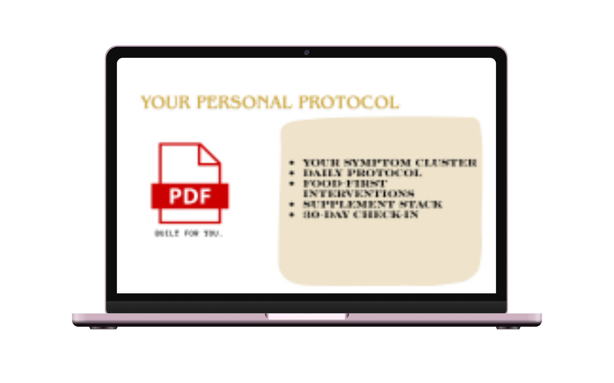 Laptop mockup showing Your Personal Protocol PDF and food-as-medicine cheat sheet